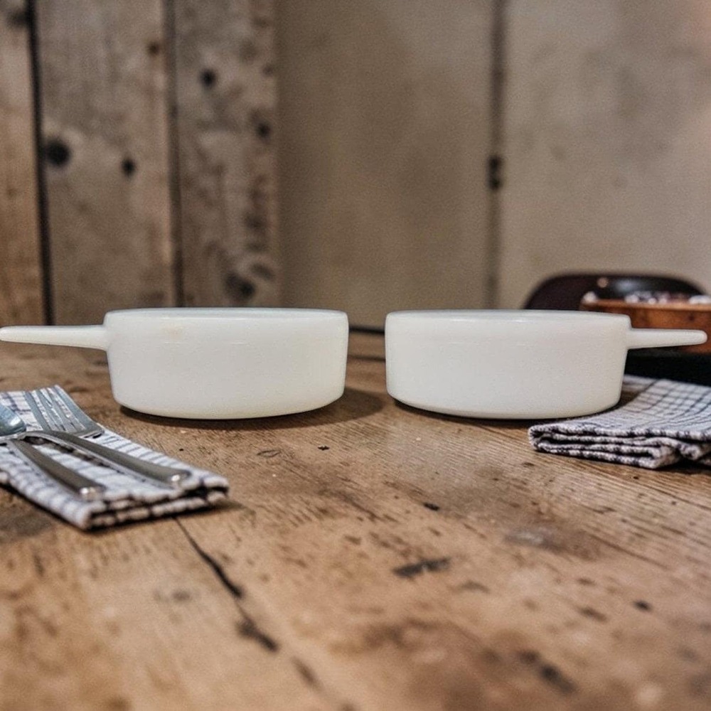 Glasbake Milk Glass Handled Soup Bowls, Set of 2, Vtg White Ovenware, Bakeware